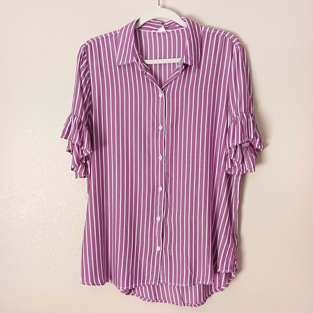 beachlunchlounge Striped Ruffle Sleeve Top Button Down Shirt High Low Hem Medium